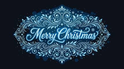 Merry Christmas elegant lettering with blue glowing filigree, ornate winter holiday typography, decorative floral swirl border for seasonal greetings © Iconify Studio
