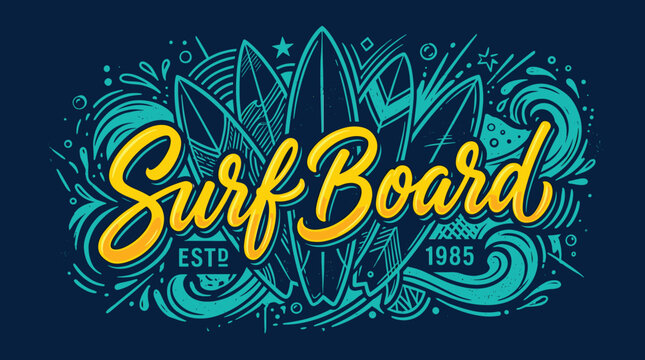 Vintage surf board typography vector, retro surfing club emblem with ocean waves and boards, hand drawn beach lifestyle illustration for apparel