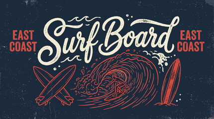 Vintage Surf Board East Coast typography vector, retro surfing illustration with ocean waves and surfboards, hand drawn t-shirt graphic design © Iconify Studio