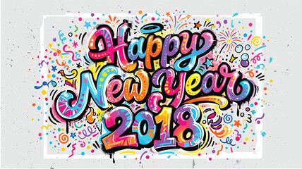 Graffiti Happy New Year 2018 vector illustration, colorful street art typography with confetti, urban style holiday greeting card design © Iconify Studio