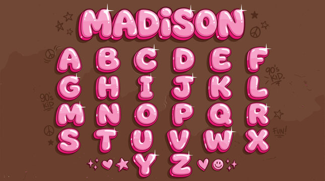 Pink bubble font alphabet set, glossy 3D cartoon letters for kids party design, shiny Madison typography collection in EPS format