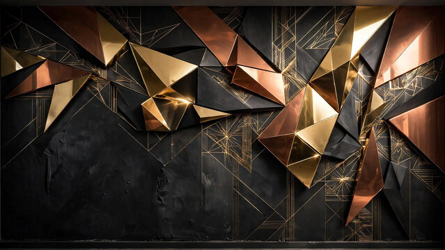 Abstract geometric background with metallic gold and copper triangles.