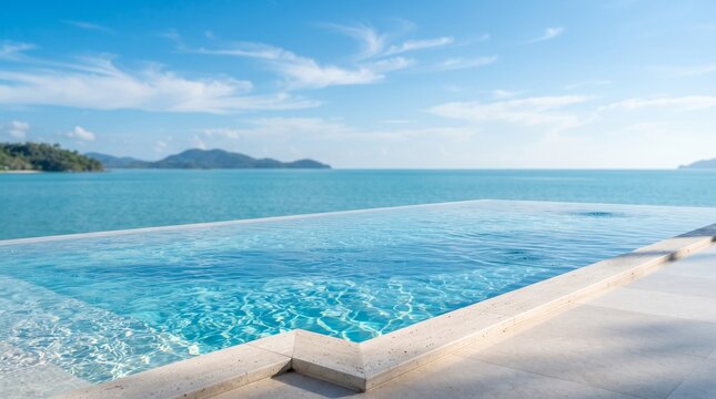Luxury infinity pool overlooking a tropical island and turquoise ocean on a sunny day