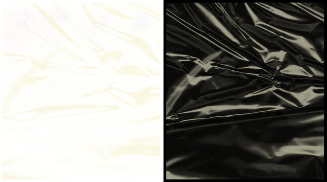 Crumpled plastic texture set, black and white wrinkled cellophane film background, shiny creased polyethylene wrap for overlay effects
