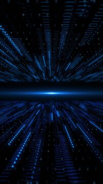 Blue digital data horizon background with glowing line arrays, mirrored particle paths, dark matrix depth. Perfect for technology videos, database intros, cloud visuals, software promos, and overlays.