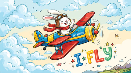 Cute bunny pilot flying vintage biplane in cloudy sky, whimsical rabbit aviator character in blue airplane, hand drawn nursery vector illustration © Iconify Studio