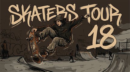 Vintage Skaters Tour 18 poster illustration, urban skateboarding culture vector, retro hand-drawn skater performing a trick at a skatepark © Iconify Studio