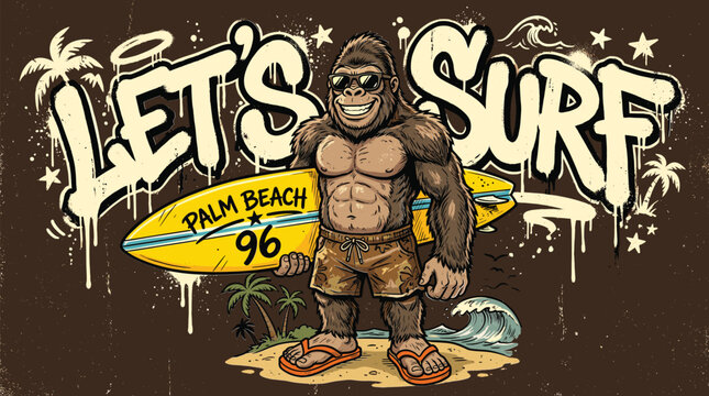 Vintage gorilla surfing vector illustration, retro let's surf character with surfboard, distressed urban street art style t-shirt design