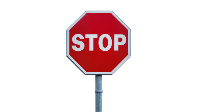 Isolated red octagonal stop sign with bold white "STOP" text on a sturdy metal pole