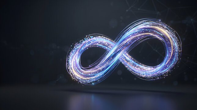 Abstract infinity symbol made of glowing blue and gold light trails on a dark background