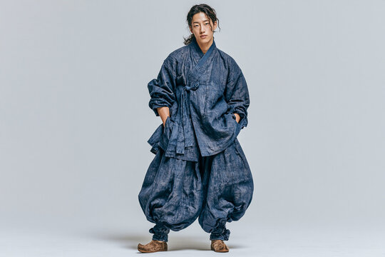 Korean Man in Traditional Hanbok Full Body Isolated on White Background