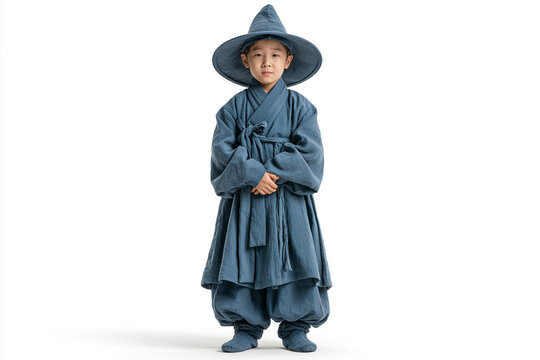 Korean Boy in Blue Hanbok with Traditional Hat Full Body Isolated on White Background