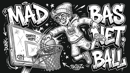 Graffiti basketball street art vector, urban boy character dunking on hoop, black and white mad basketball mural illustration for t-shirt design © Iconify Studio