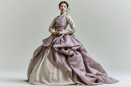 Korean Woman in Lavender Hanbok Full Body Isolated on White Background