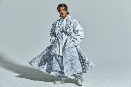 Korean Man in White and Blue Hanbok Full Body Isolated on White Background