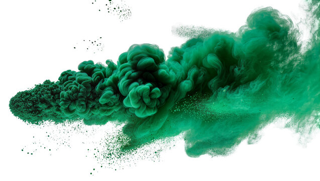 Isolated artistic emerald green ink or smoke spreading, forming a fluid, dynamic abstract shape.