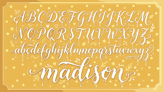 Elegant Madison script font vector, decorative cursive alphabet with dripping paint effect, luxury gold wedding typography set