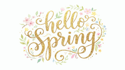 Gold glitter Hello Spring calligraphy vector, elegant floral typography with pastel flowers and leaves, seasonal greeting card design element © Iconify Studio