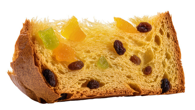Isolated delicious traditional Italian panettone slice with colorful candied fruits and raisins