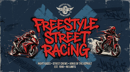 Freestyle Street Racing vector poster, urban motorcycle racing illustration with red graffiti text, gritty biker culture graphic for apparel © Iconify Studio