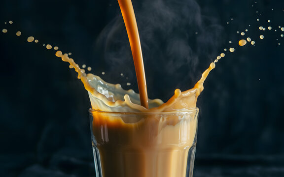 Hot Indian Chai Tea Being Poured into a Glass Cup with Dramatic Splash Effect Motion Freeze High Shutter Speed Cinematic Lighting on Dark Background Ultra Realistic Beverage Photography
