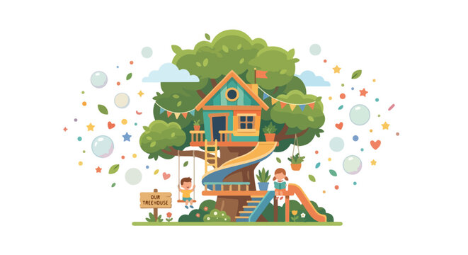 A whimsical vector illustration features a colorful multi-level treehouse with children playing amidst floating bubbles, stars, and confetti.