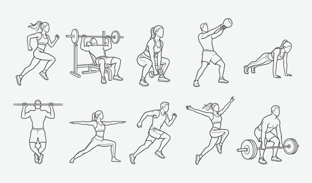 Fitness and Gym Exercise Line Art Vector Set, Men and Women Workout Poses Bundle, Bodybuilding, Cardio, Weightlifting, Yoga, and Strength Training Line Drawing Icons