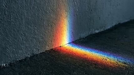 Obraz premium A vibrant rainbow spectrum refracted across a textured concrete wall, showcasing light's beauty and optical phenomenon in urban settings