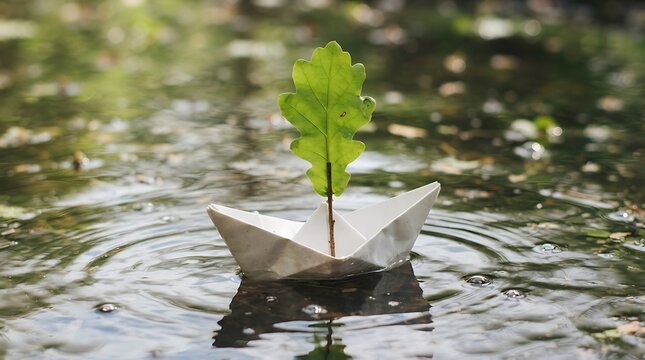 Fresh Green Leaf Sprouting in Clear Water with Reflection Symbolizing Nature Growth Environmental Renewal and Spring Beauty