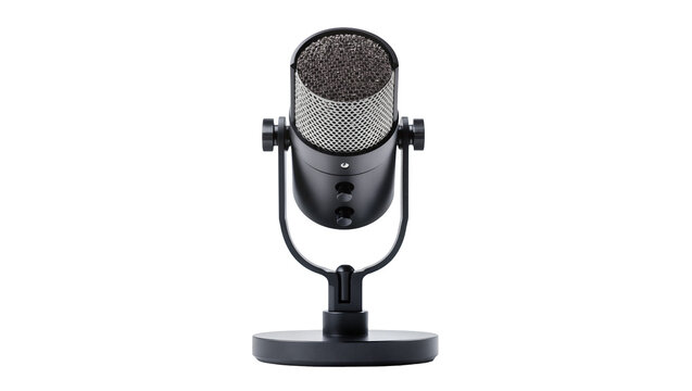 Isolated black modern retro design studio condenser microphone on a stand for broadcasting