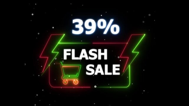 Flash Sale 39 Percent Discount Neon Banner Animation on Black Background &ndash; motion text 4k video with alpha channel