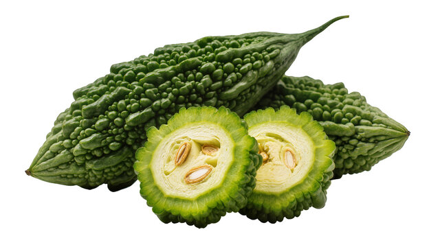 Isolated fresh vibrant green bitter gourds with a sliced piece revealing seeds and pulp, healthy vegetable