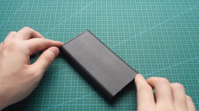 Hands opening black aluminum power bank casing on green cutting mat for electronics repair or DIY assembly