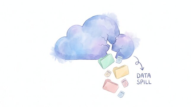 Watercolor Cloud Data Security Risk Showing Digital Information Leakage and Breach Concept