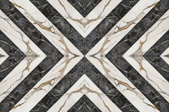 Seamless pattern featuring a geometric arrangement of black and white marble slabs with gold veining in a symmetrical chevron layout