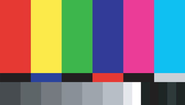 Colorful television test pattern with vertical bars in red, yellow, green, blue, magenta, and cyan, along with grayscale bars below, representing a classic broadcast signal test screen