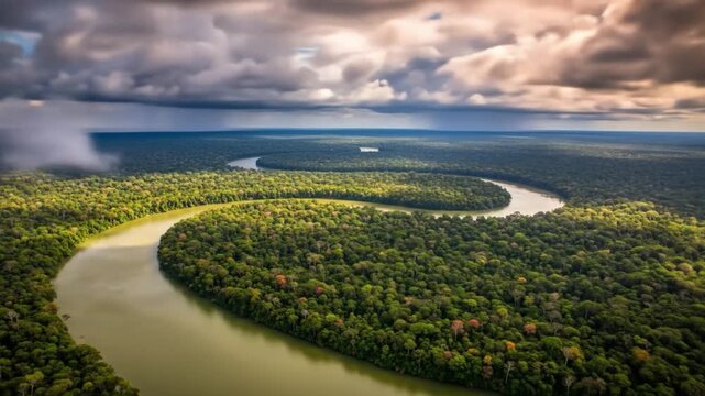 Aerial view of a river winding through a lush forest partially obscured by mist under a cloudy sky