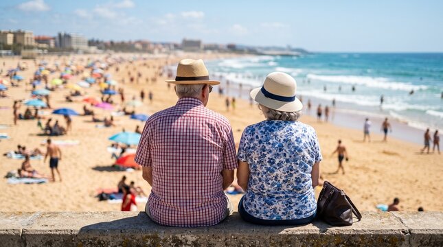 Elderly couple enjoys a sunny day at the beach during their retirement