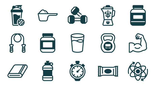 Set of 15 fitness and bodybuilding icons featuring protein shaker, scoop, dumbbells, blender, supplement jars, jump rope, water, kettlebell, flexing arm, towel, stopwatch, and protein bar.