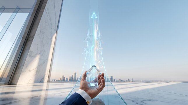 A businessman's hand holds a glowing digital arrow symbolizing growth and future success against a modern city skyline.