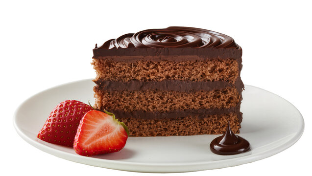 Isolated delicious chocolate layer cake slice with fresh strawberries and chocolate sauce on a plate