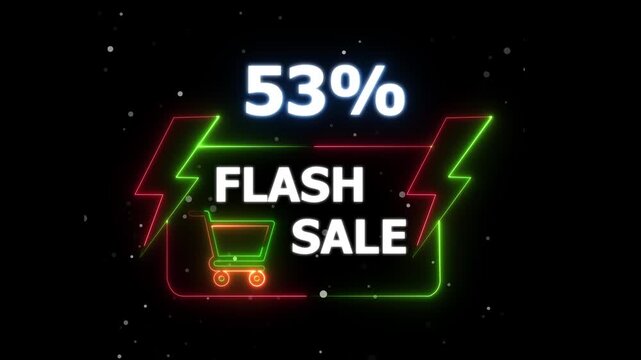 Flash Sale 53 Percent Discount Neon Banner Animation on Black Background motion text 4k video with alpha channel