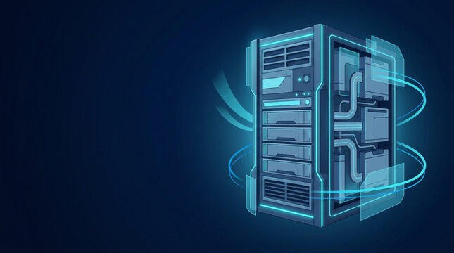 Futuristic server rack illustration representing cloud computing, data center storage, and hosting technology