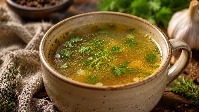 Warm bowl of soup with herbs and garlic on rustic table  