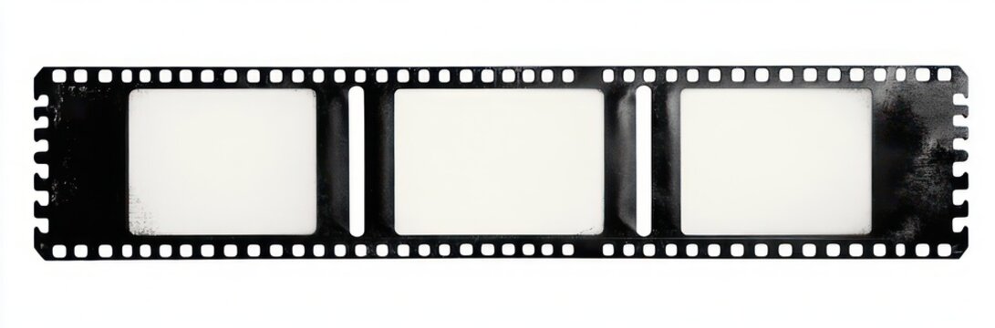 black photographic film strip with three blank white frames, perforated sprocket holes and worn edges, evoking a nostalgic minimalist mood