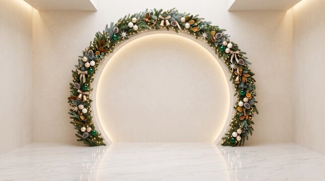 A festive semi-circular arch adorned with green foliage, white and gold ornaments, and bows, illuminated by a glowing circle on a minimalist wall.