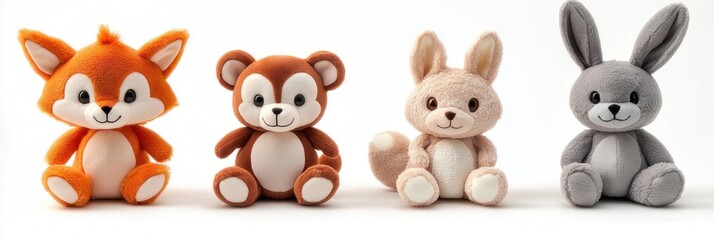 Obraz premium Four plush stuffed animals lined up on a white background: an orange fox, a brown bear, a beige squirrel, and a gray rabbit sitting and smiling, soft cuddly cheerful toys evoking playfulness