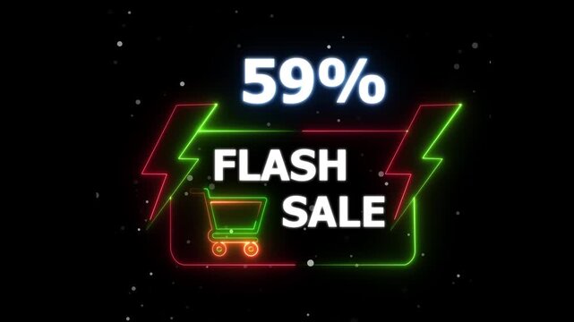Flash Sale 59 Percent Discount Neon Banner Animation. neon sign Glowing light banner background. Text flash sale by neon lights sign board 4k animation