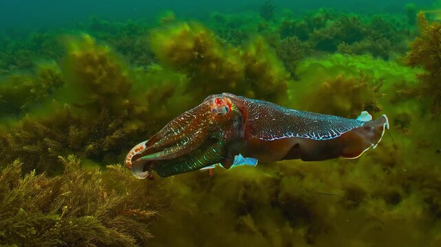 colorful cuttlefish hovering over vibrant green seaweed in shallow ocean
