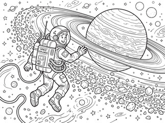 Cute astronaut floating near planet Saturn in outer space with rings, stars, and meteorites, coloring page vector illustration
